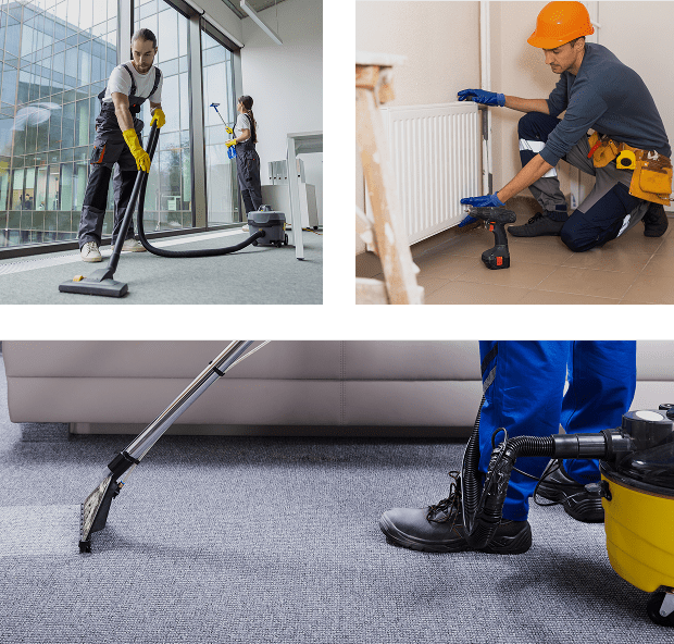 Workers cleaning and repairing in various settings.