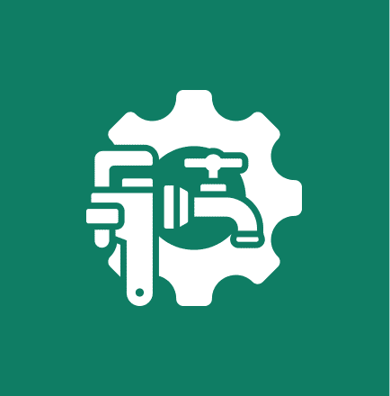 Wrench and faucet icon with gear background.
