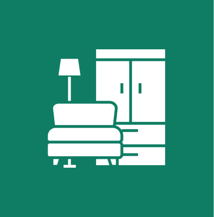 Chair, lamp, and wardrobe icon on green.