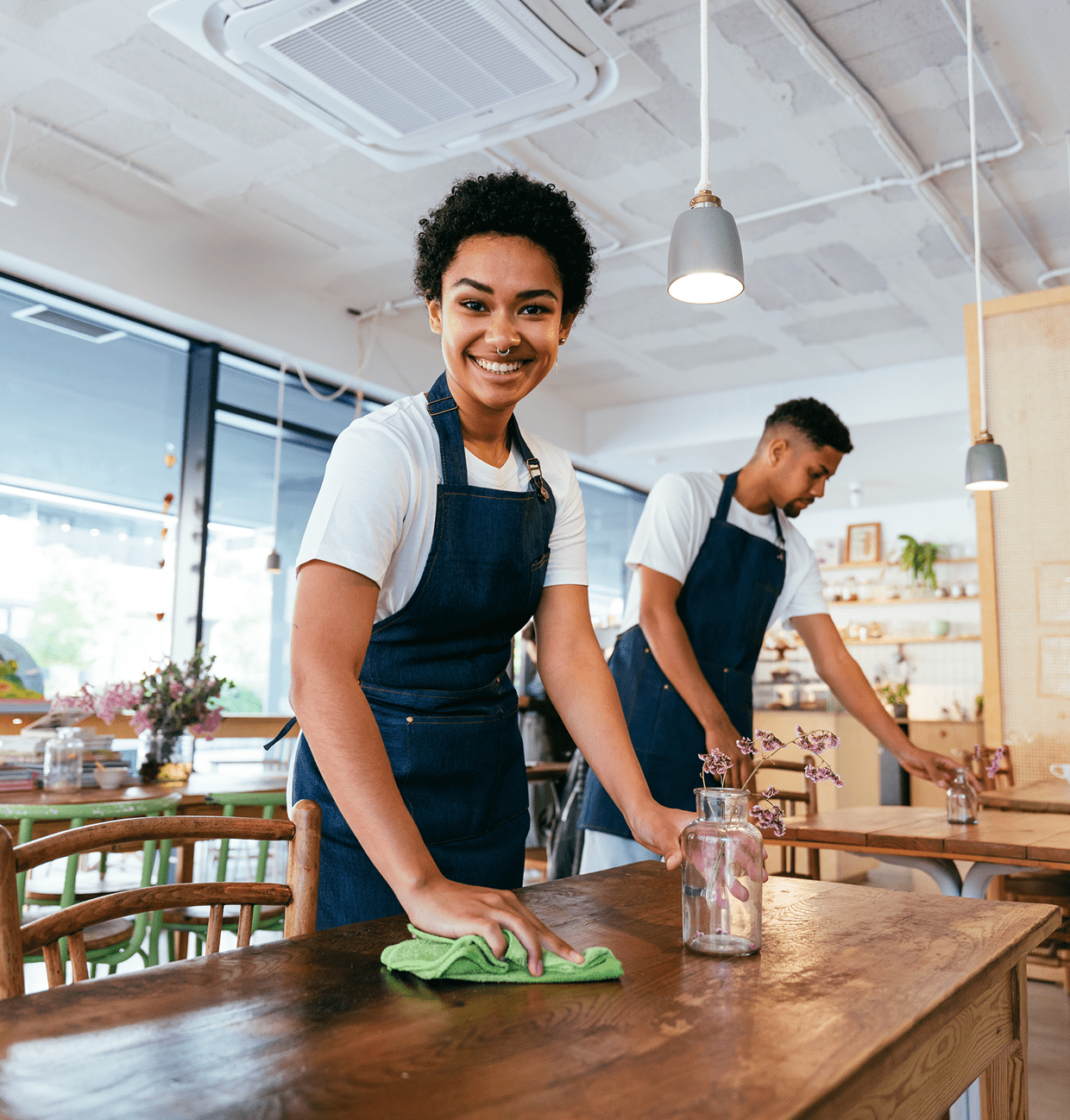 Cafe workers cleaning tables and smiling.